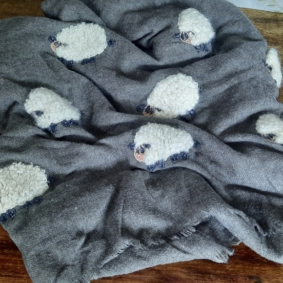 Grey Scarf With Wool Embroidered Sheep Detail - Picture 2 of 6